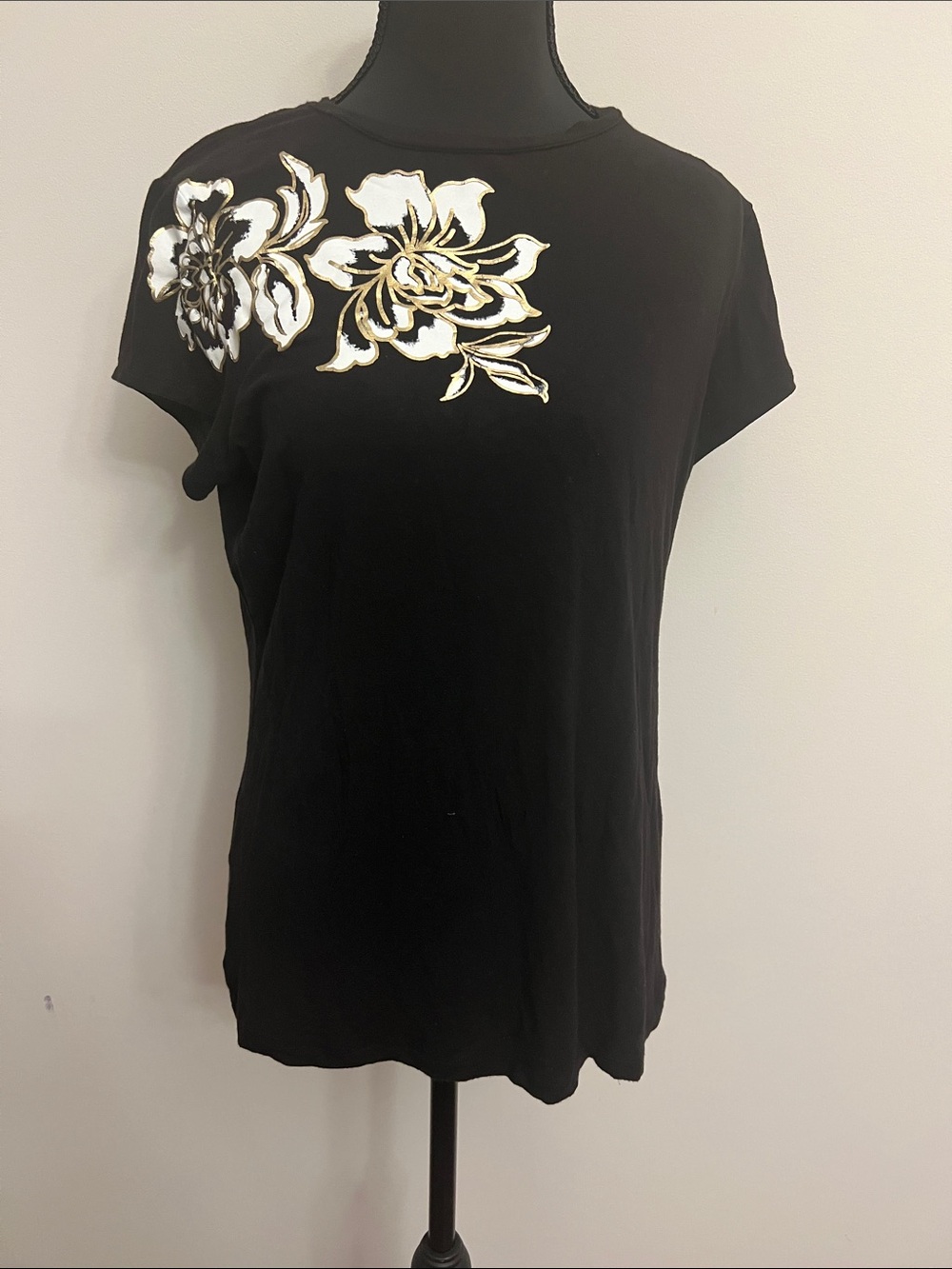 Cache Black Tee with White and Gold Floral Appliqué